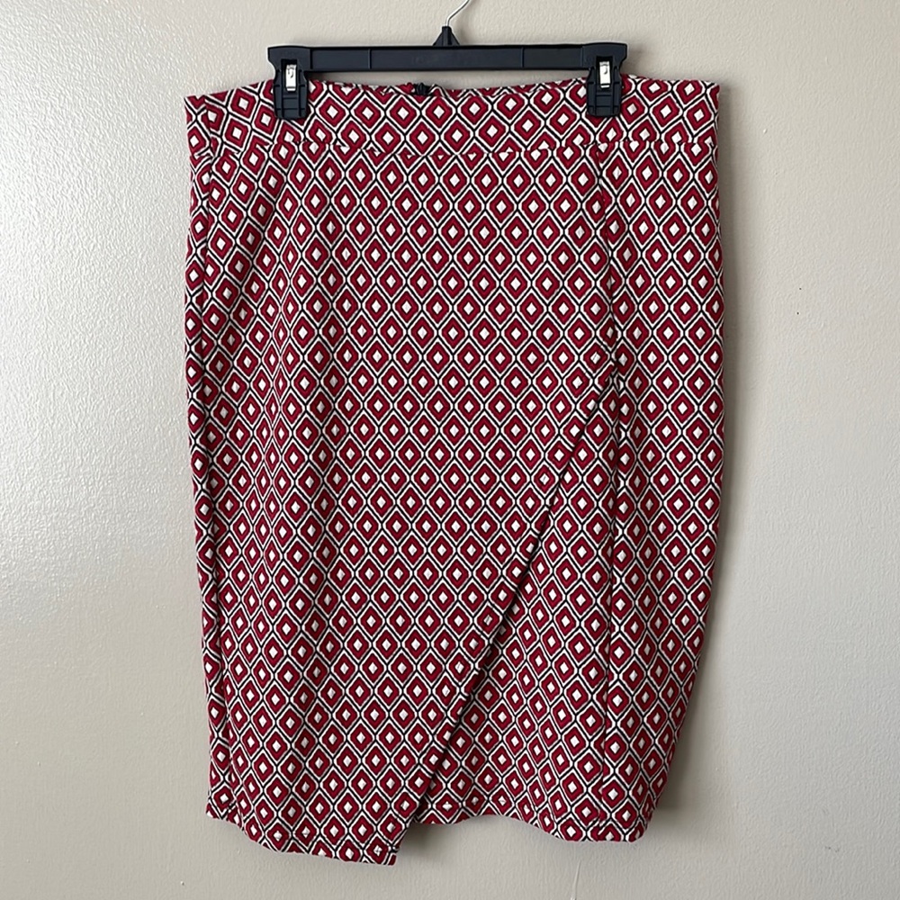 Maeve Anthropologie red white black pencil skirt. Faux wrap. Large